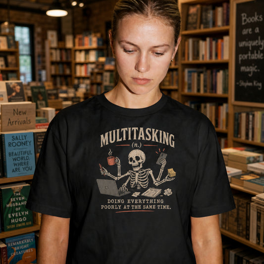 Multitasking Life Defined Skeleton Unisex Tee | Skull Coffee Laptop Phone Humor Funny Sarcastic Graphic T-Shirt
