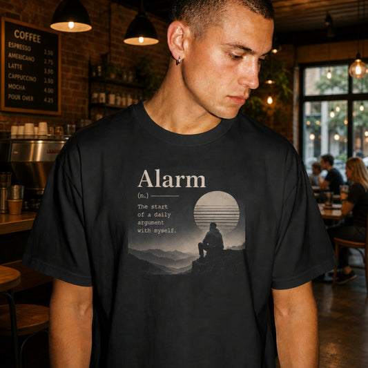 Alarm Life Defined Unisex Funny Graphic T-Shirt | Vintage Sunrise Silhouette Humor Sarcastic Corporate Jokes Gift Tee