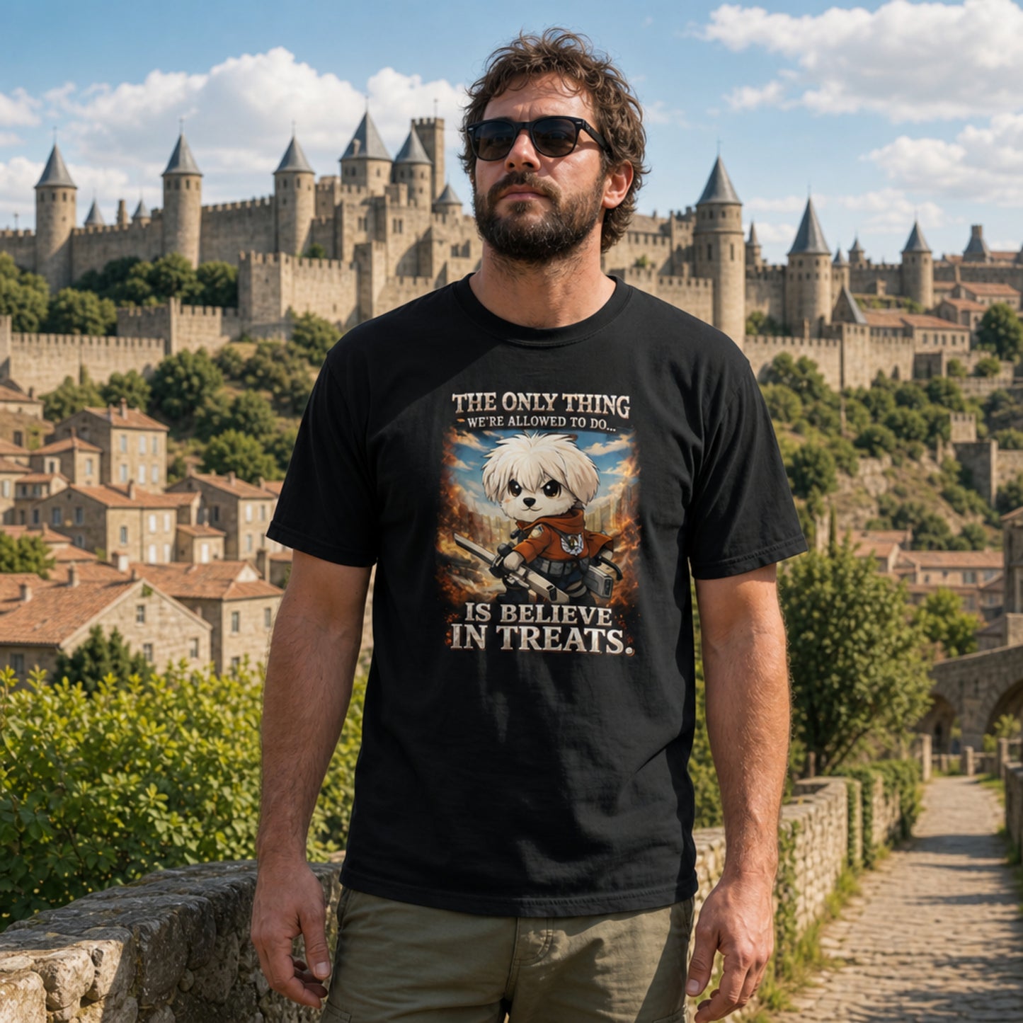 The Only Thing We Are Allowed To Do Is Believe In Treats Unisex Shirt, Funny Anime Maltese Dog Tee, Cute Manga Parody Gift for Anime Fans