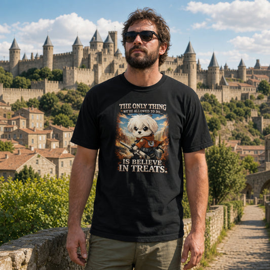 The Only Thing We Are Allowed To Do Is Believe In Treats Unisex Shirt, Funny Anime Maltese Dog Tee, Cute Manga Parody Gift for Anime Fans