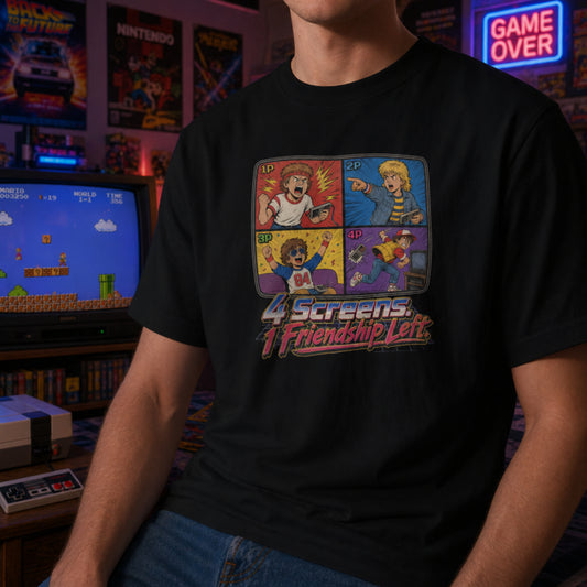 4 Screens 1 Friendship Left Mens Shirt, Funny Retro Gamer Tee, Vintage Gaming Shirt, 80s 90s Gift for Gamers Multiplayer Arcade TShirt