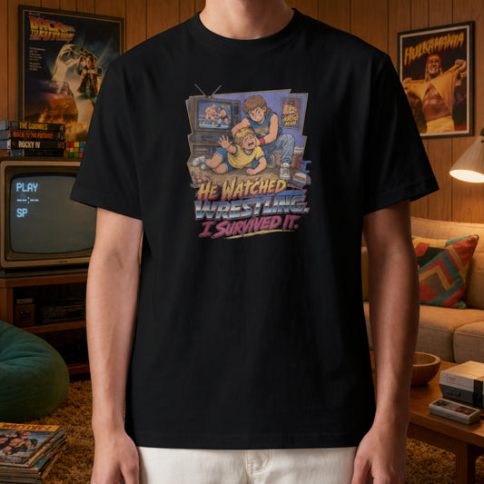 He Watched Wrestling I Survived It Mens Shirt, Funny Retro Wrestling Tee, 80s 90s Childhood Trauma Gift for Wrestling Fans