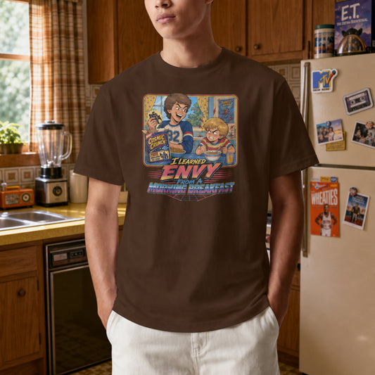 I Learned Envy From A Morning Breakfast Mens Shirt, Funny Retro Cereal Tee, 80s 90s Sibling Rivalry Gift for Millennials