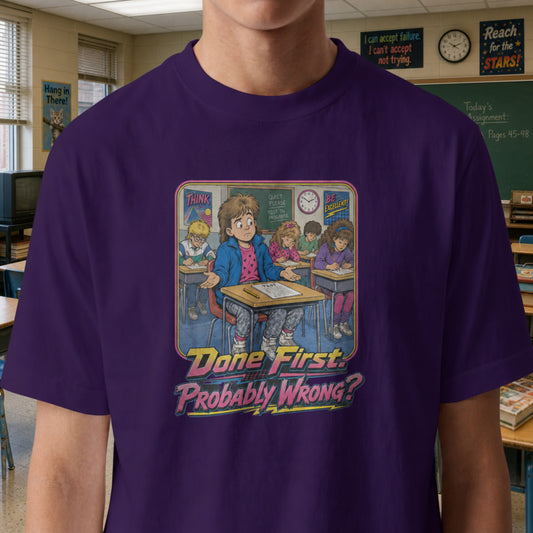 Done First Probably Wrong Mens Shirt, Funny Retro School Tee, 80s 90s Classroom Humor Gift for Students & Millennials