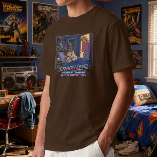 Stealth Level Mom Mens Shirt, Funny 80s 90s Childhood Trauma Tee, Retro Parenting Humor Gift for Nostalgic Millennials