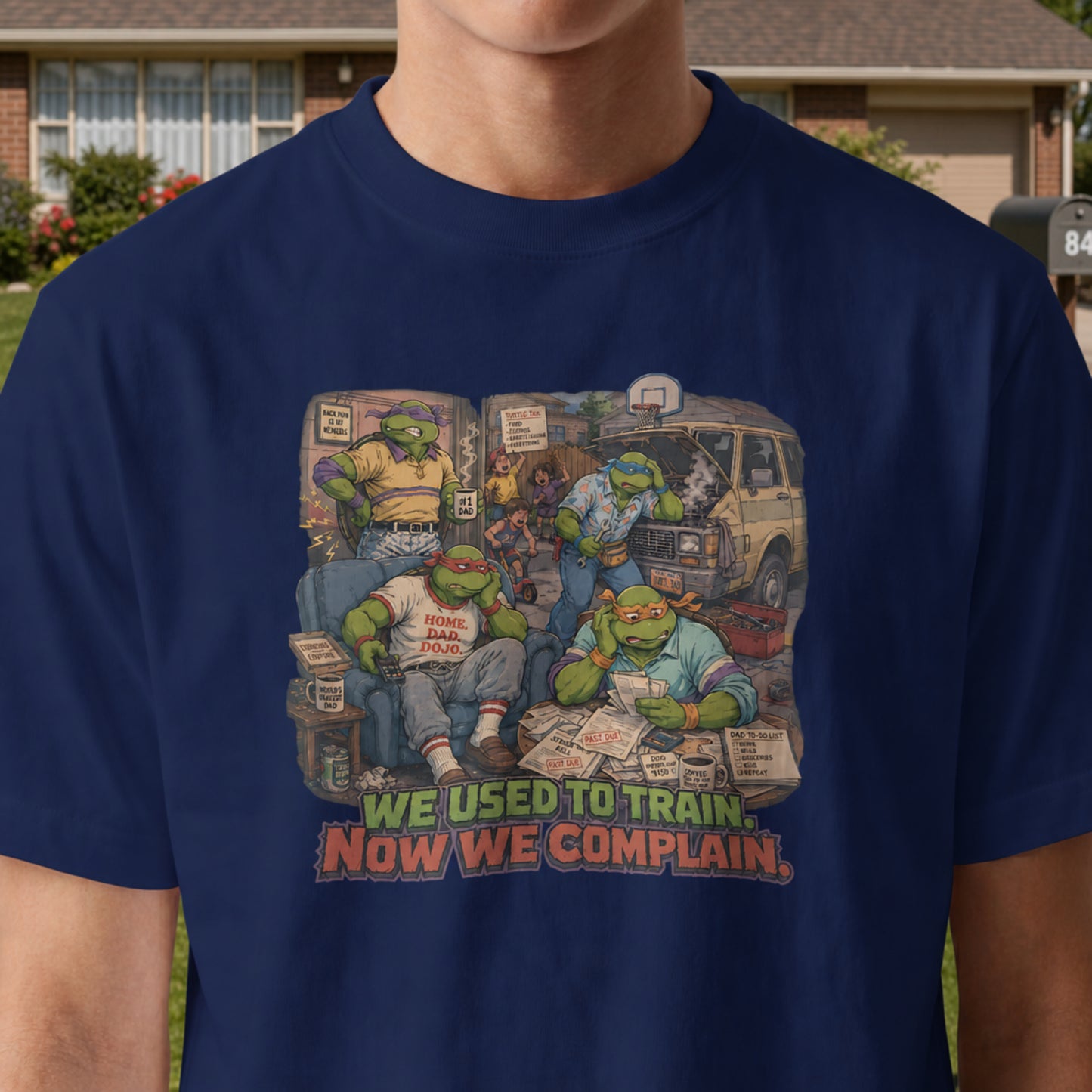 We Used To Train Now We Complain Mens Shirt, Funny Retro Turtle Parody Tee, 80s Cartoon Humor Gift for Nostalgic Millennials