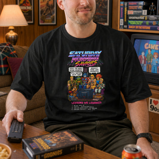 Saturday Morning Saviors Mens Shirt, Retro Cartoon Tee, 80s 90s Nostalgia T-Shirt, Pixel Art Gamer Gift