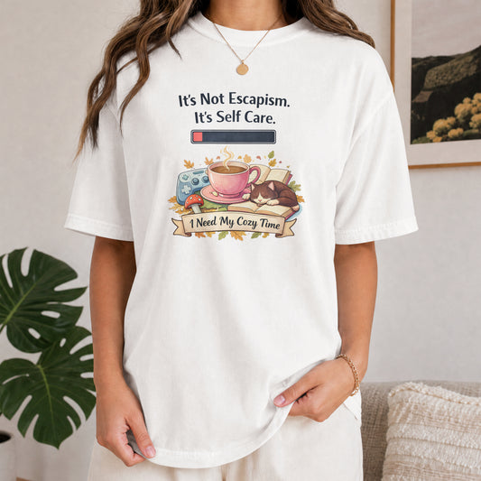 Its Not Escapism Its Self Care Womens Shirt, Cozy Introvert Tee, Cottagecore Gamer T-Shirt, Cute Cat Tea Gift