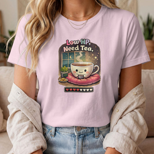 Low HP Need Tea Womens Shirt, Cozy Gamer Tee, Cute Pixel Art T-Shirt, Introvert Gaming Gift, Cottagecore Gamer Top