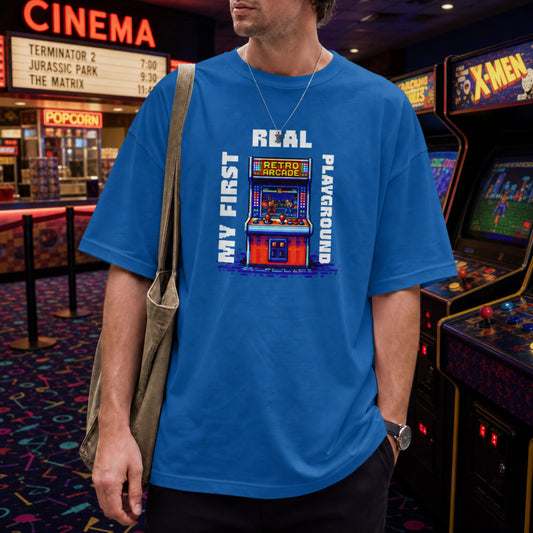 My First Real Playground Unisex Shirt, Retro Arcade Gamer Tee, Pixel Art Gaming T-Shirt, Nostalgic Arcade Gift