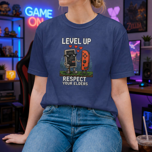 Level Up Respect Your Elders Unisex Shirt, Retro Gamer Tee, Funny Pixel Art Gaming T-Shirt, Nostalgic Gamer Gift