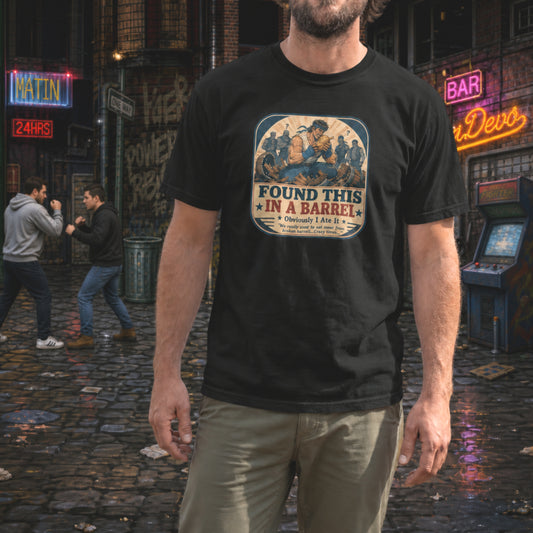 Found This In A Barrel Shirt, Funny Retro Gamer Unisex Tee, Questionable Game Logic Shirt, Arcade Beat Em Up Gaming Humor