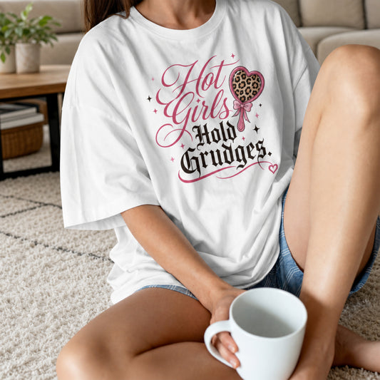 Hot Girls Hold Grudges Womens Shirt, Funny Petty Girl Tee, Sassy Graphic Shirt For Women, Trendy Pink Leopard Print Tee