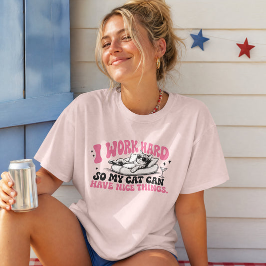 I Work Hard So My Cat Can Have Nice Things Shirt, Funny Cat Mom Womens Tee, Spoiled Cat Owner Gift, Pet Lover Graphic T-Shirt