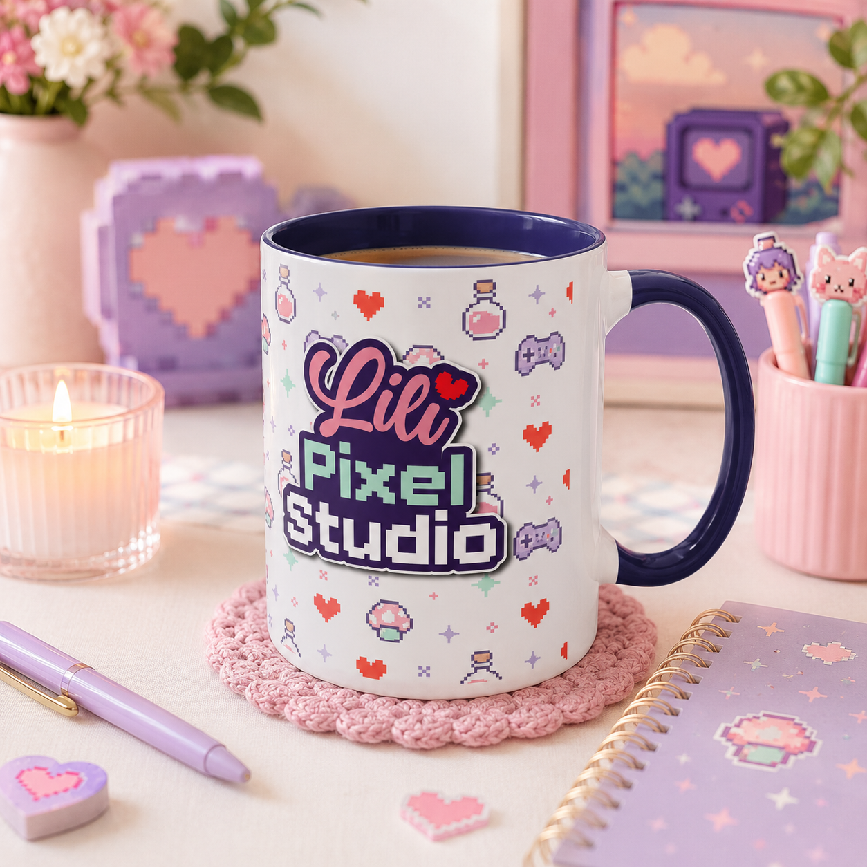 Lili Pixel Studio Mug, Cute Pixel Art Coffee Mug, Retro Gamer Mug, Cozy Gaming Desk Cup, 15 oz Ceramic Mug
