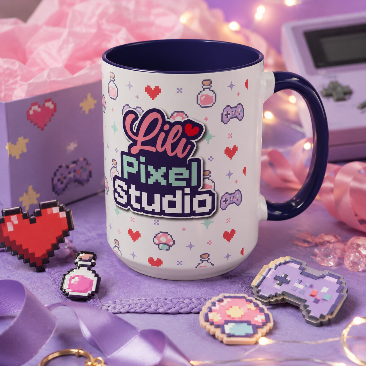 Lili Pixel Studio Mug, Cute Pixel Art Coffee Mug, Retro Gamer Mug, Cozy Gaming Desk Cup, 15 oz Ceramic Mug