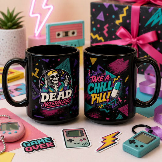 Take a Chill Pill Mug, Funny Retro Coffee Mug, 80s 90s Nostalgia Mug, Sarcastic Self Care Gift, Black Ceramic Mug