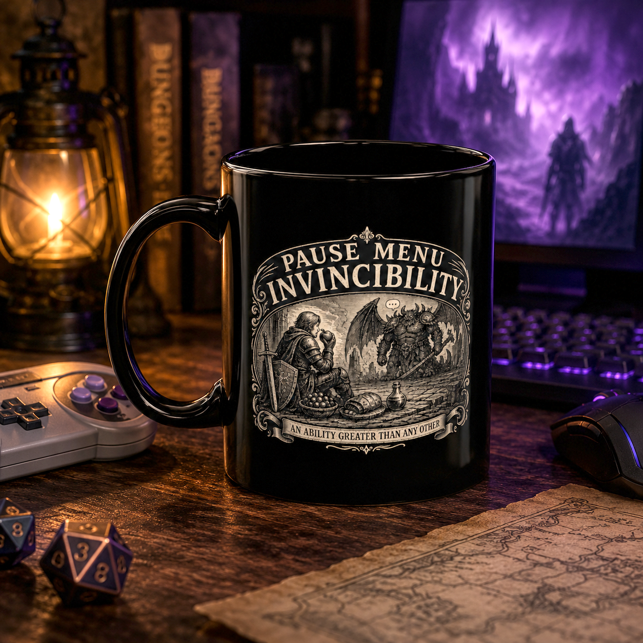 Pause Menu Invincibility Mug, Funny Fantasy Gamer Mug, Tabletop RPG Coffee Cup, Dragon Knight Mug, DnD Inspired Gift