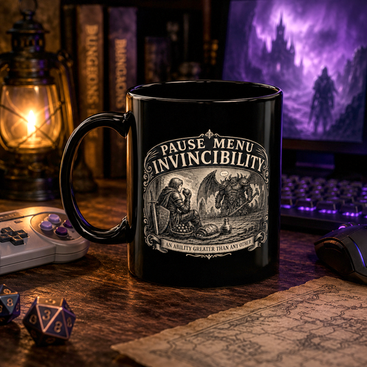 Pause Menu Invincibility Mug, Funny Fantasy Gamer Mug, Tabletop RPG Coffee Cup, Dragon Knight Mug, DnD Inspired Gift