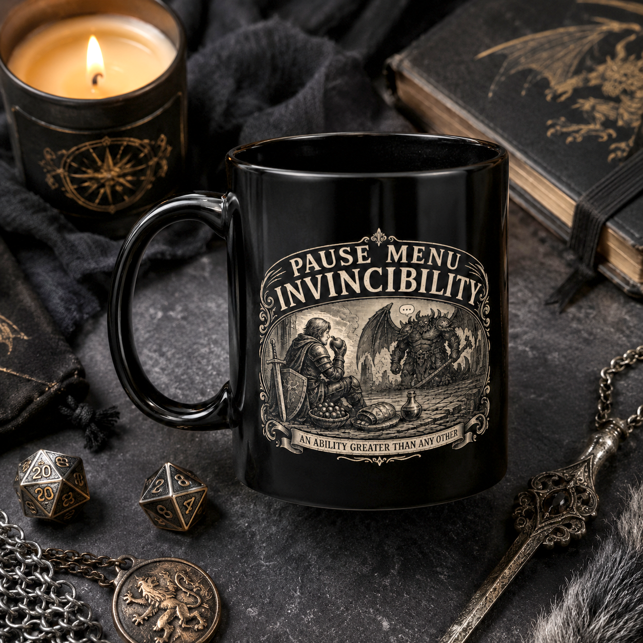 Pause Menu Invincibility Mug, Funny Fantasy Gamer Mug, Tabletop RPG Coffee Cup, Dragon Knight Mug, DnD Inspired Gift