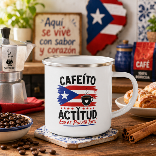 Cafecito y Actitud Enamel Mug, Puerto Rican Coffee Camping Mug, Boricua Gift, 12 oz Camp Cup, Puerto Rico Pride