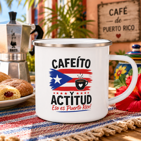 Cafecito y Actitud Enamel Mug, Puerto Rican Coffee Camping Mug, Boricua Gift, 12 oz Camp Cup, Puerto Rico Pride