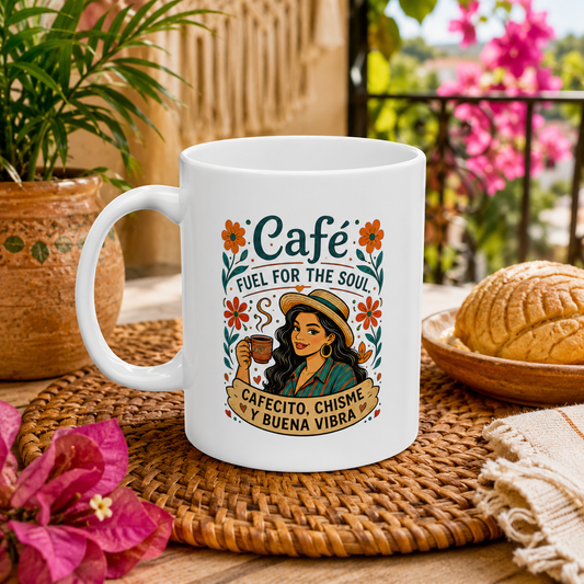 Café Fuel for the Soul Mug, Cafecito Chisme Buena Vibra Coffee Cup, Latina Coffee Mug, Floral Ceramic Mug
