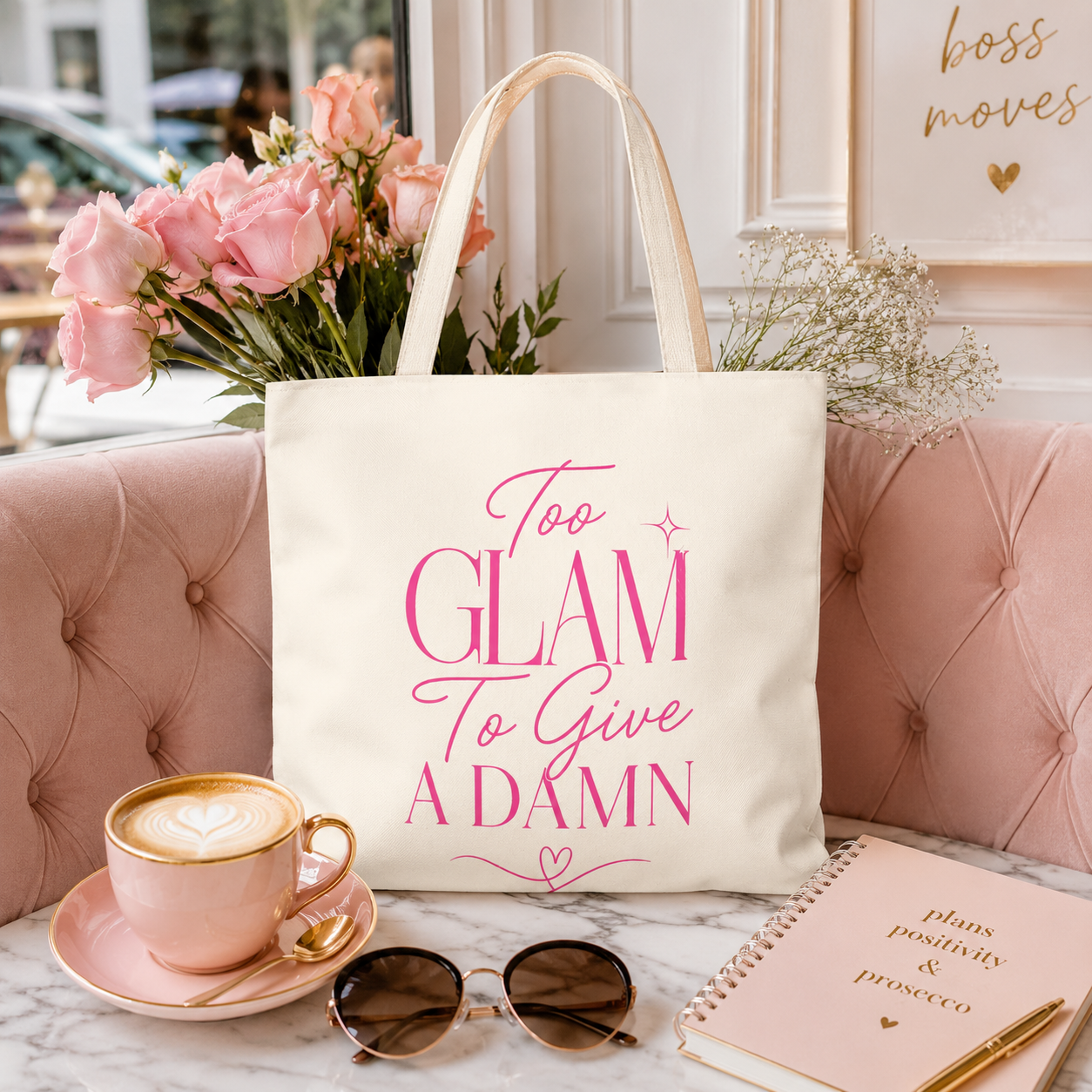 Too Glam To Give A Damn Tote Bag, Funny Pink Canvas Tote, Glam Gift Bag, Cute Everyday Shopper, Womens Tote Bag