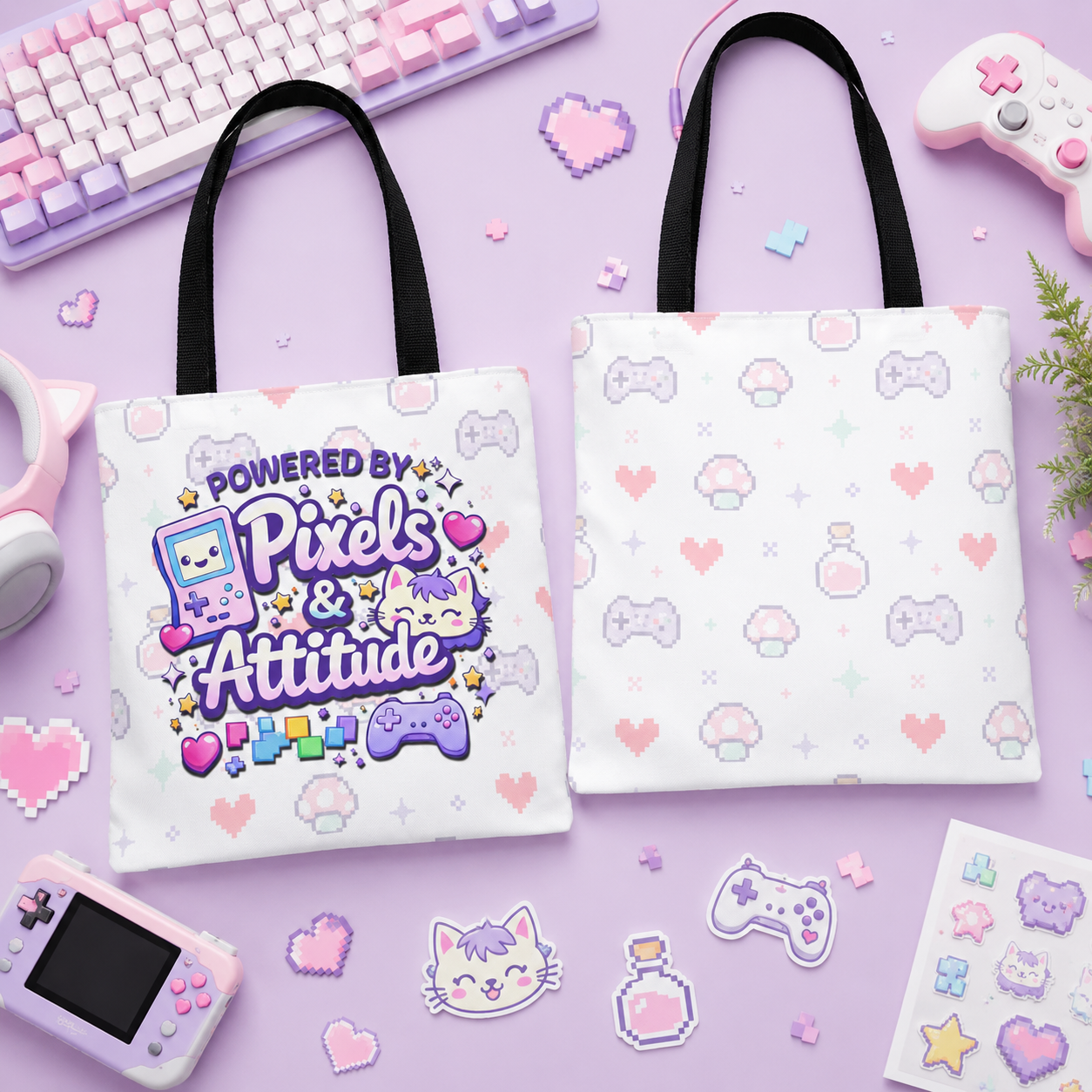 Powered by Pixels and Attitude Tote Bag, Cute Gamer Tote, Kawaii Pixel Art Bag, Pastel Gaming Shopper Bag