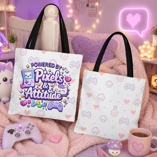 Powered by Pixels and Attitude Tote Bag, Cute Gamer Tote, Kawaii Pixel Art Bag, Pastel Gaming Shopper Bag