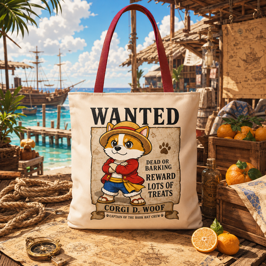 Corgi Pirate Tote Bag, Funny Dog Lover Shopper Bag, Anime Inspired Corgi Bag, Cute Wanted Poster Tote