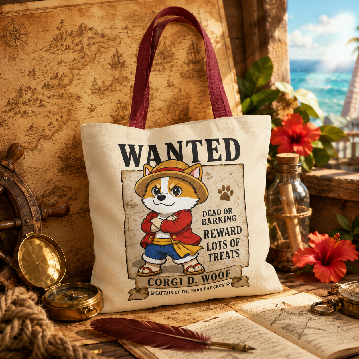 Corgi Pirate Tote Bag, Funny Dog Lover Shopper Bag, Anime Inspired Corgi Bag, Cute Wanted Poster Tote