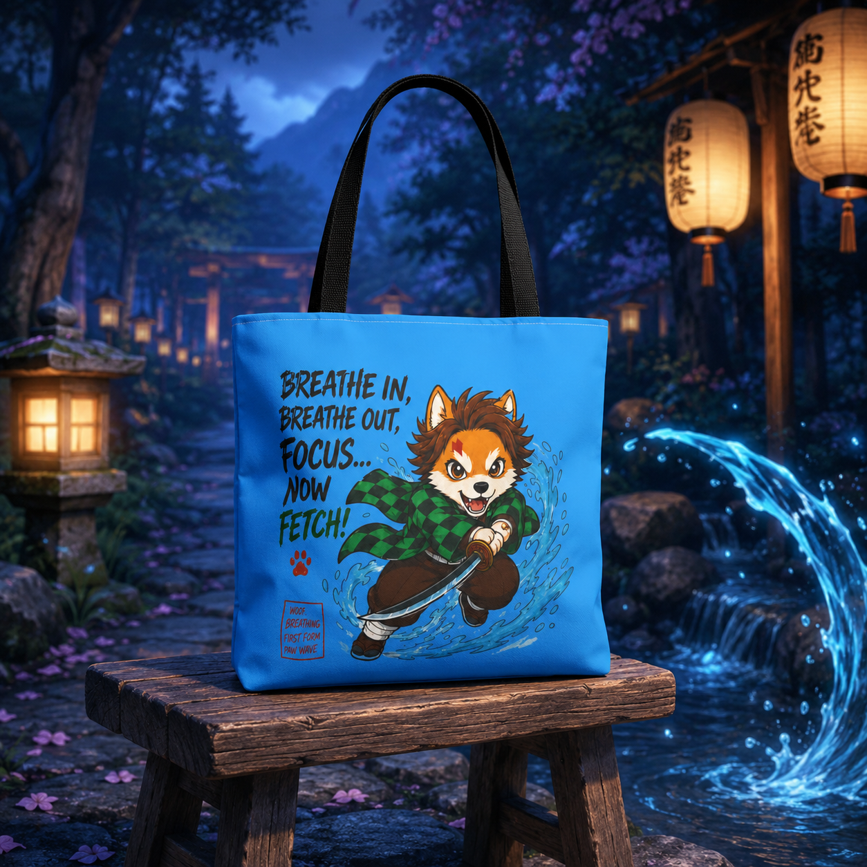 Breathe In Now Fetch Tote Bag, Anime Inspired Dog Tote, Cute Fox Warrior Bag, Funny Dog Lover Shopper Bag