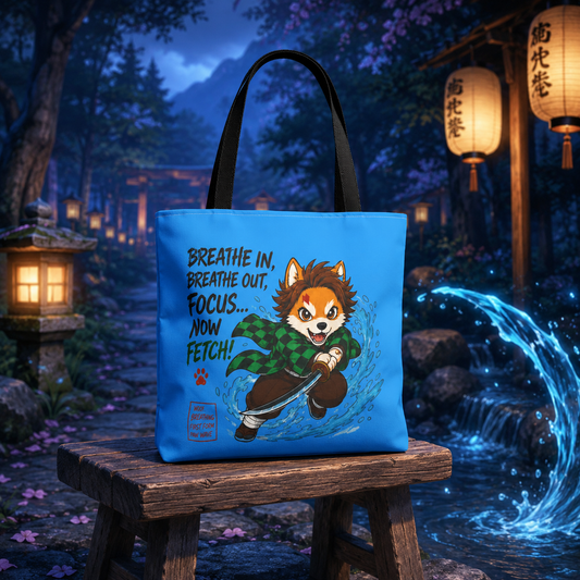 Breathe In Now Fetch Tote Bag, Anime Inspired Dog Tote, Cute Fox Warrior Bag, Funny Dog Lover Shopper Bag