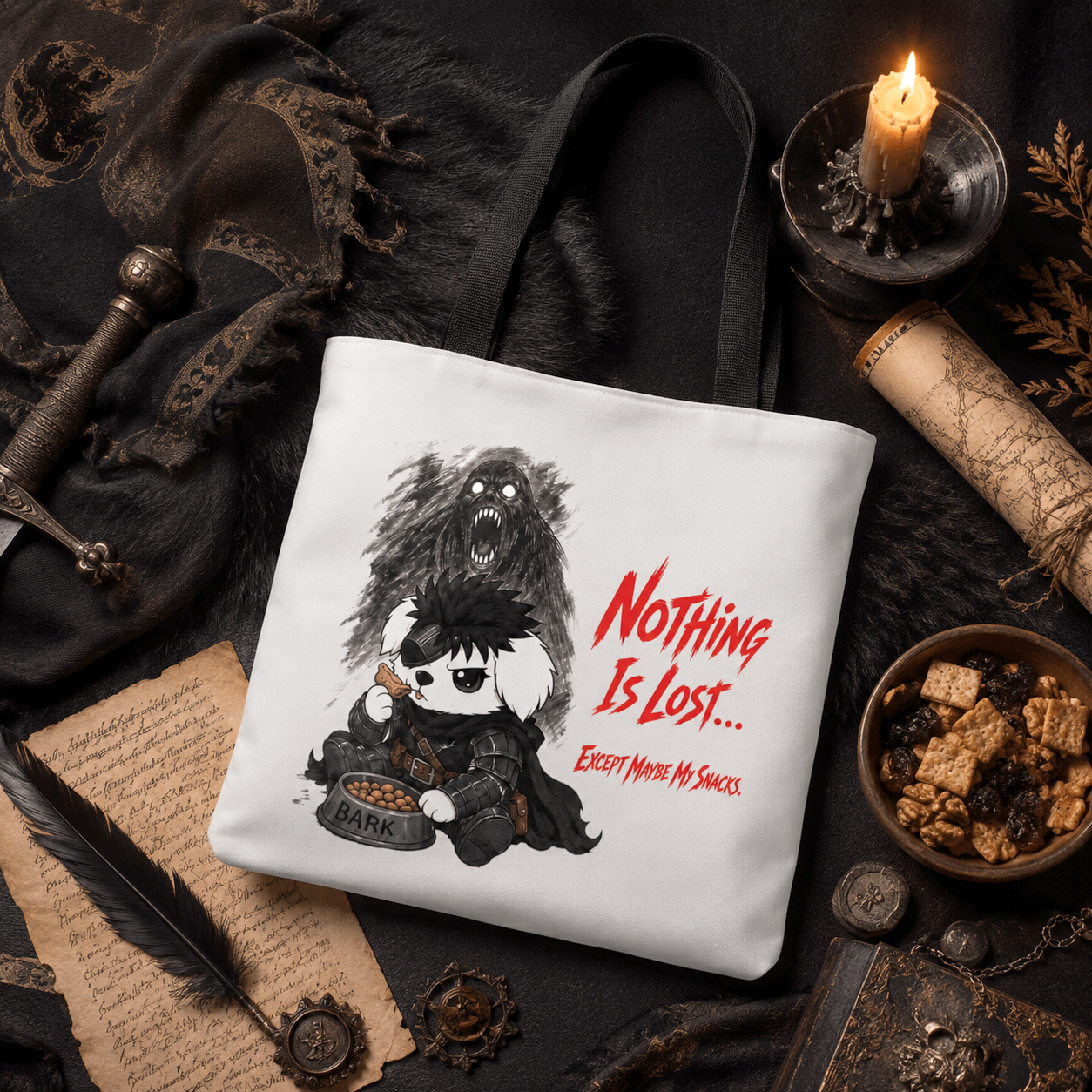 Nothing Is Lost Dog Tote Bag, Funny Dark Anime Inspired Tote, Spooky Cute Dog Lover Bag, Goth Puppy Shopper