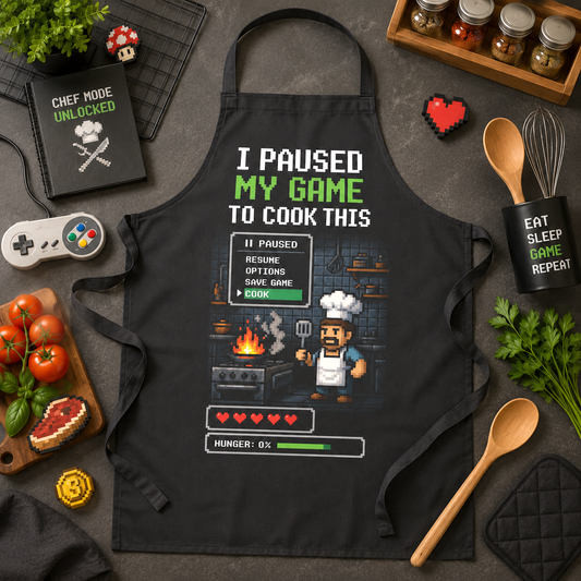 I Paused My Game To Cook This Apron, Funny Gamer Cooking Apron, Pixel Chef Apron, Video Game Kitchen Gift