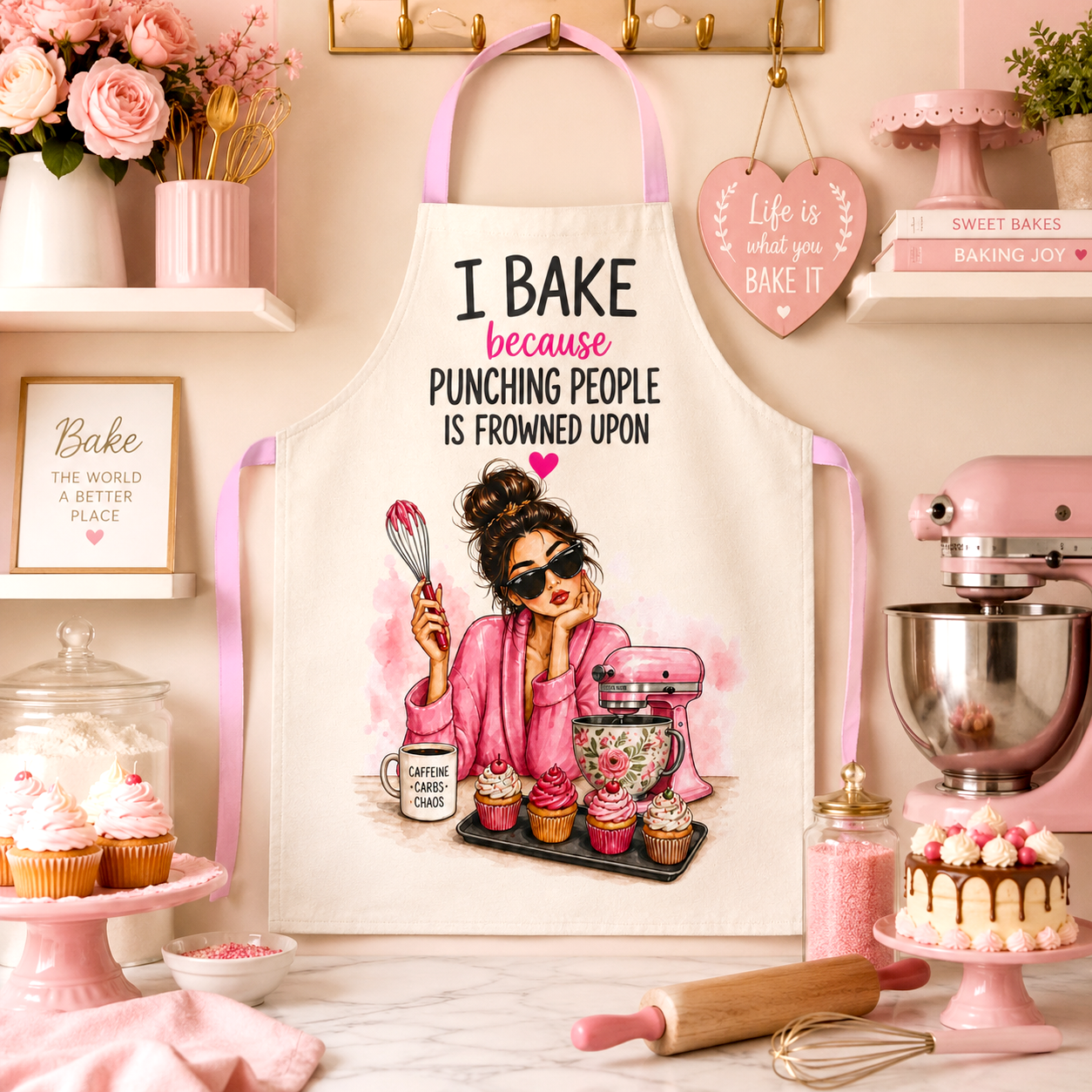 I Bake Because Punching People Is Frowned Upon Apron, Funny Baking Apron, Sarcastic Baker Gift, Pink Kitchen Apron