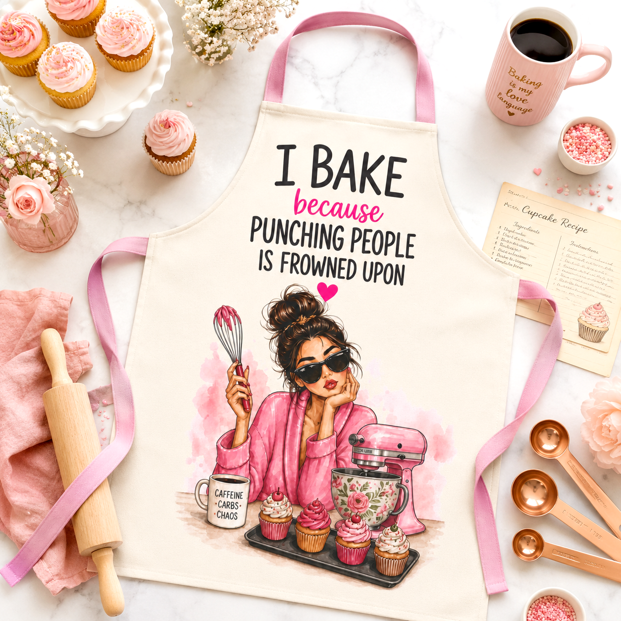 I Bake Because Punching People Is Frowned Upon Apron, Funny Baking Apron, Sarcastic Baker Gift, Pink Kitchen Apron