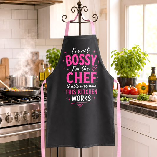 Im Not Bossy Im The Chef Apron, Funny Kitchen Apron, Pink and Black Cooking Apron, Gift for Home Cooks