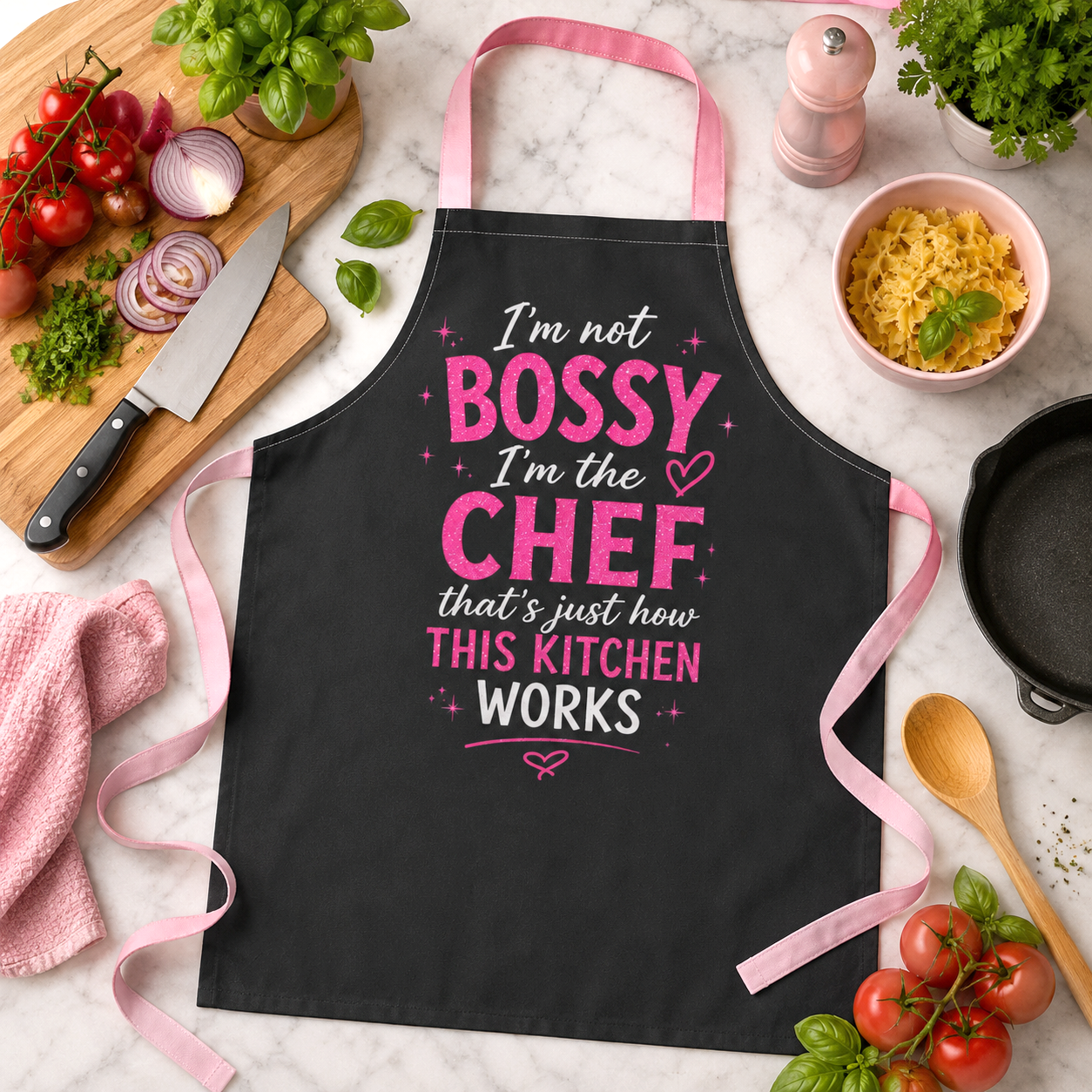 Im Not Bossy Im The Chef Apron, Funny Kitchen Apron, Pink and Black Cooking Apron, Gift for Home Cooks