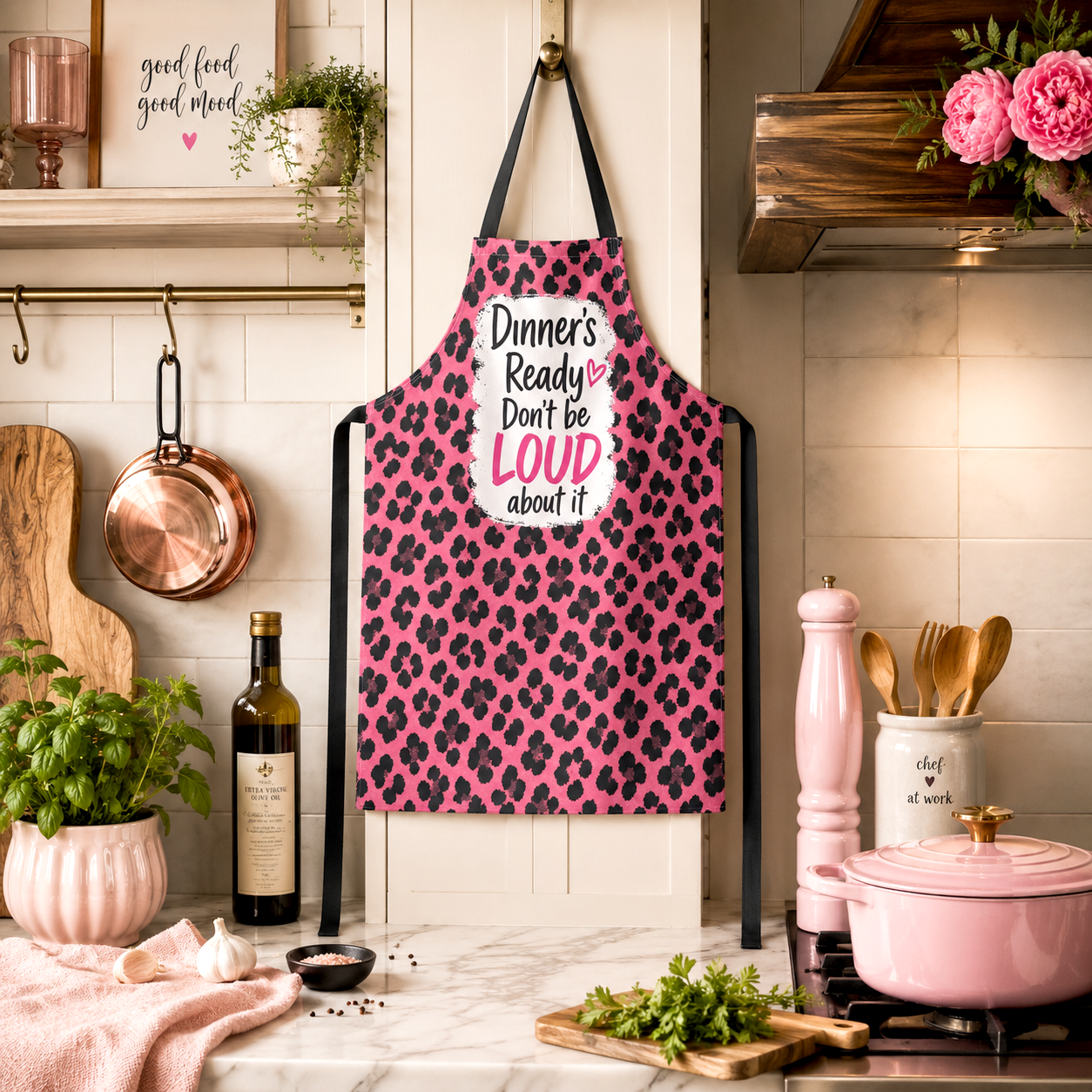 Dinners Ready Dont Be Loud About It Apron, Funny Pink Leopard Kitchen Apron, Sassy Cooking Apron, Mom Gift