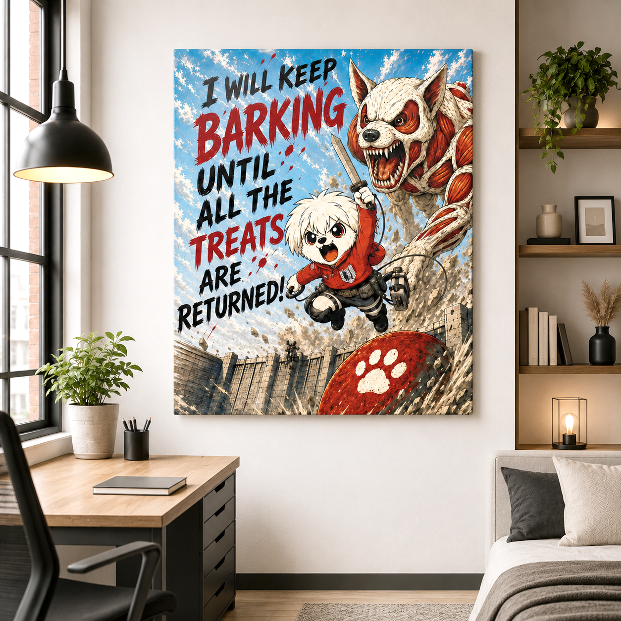 Anime Inspired Dog Canvas Print, I Will Keep Barking Funny Dog Wall Art, Mutts of Manga Canvas, Bold Pet Decor, 12x16 or 16x20