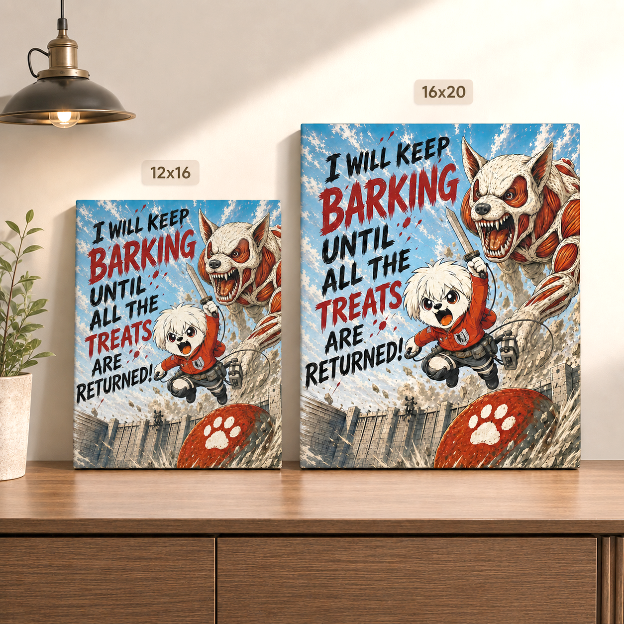 Anime Inspired Dog Canvas Print, I Will Keep Barking Funny Dog Wall Art, Mutts of Manga Canvas, Bold Pet Decor, 12x16 or 16x20