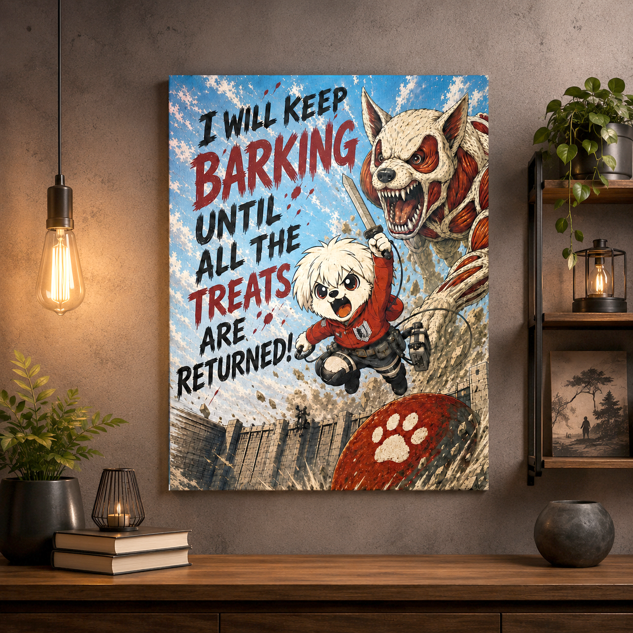 Anime Inspired Dog Canvas Print, I Will Keep Barking Funny Dog Wall Art, Mutts of Manga Canvas, Bold Pet Decor, 12x16 or 16x20