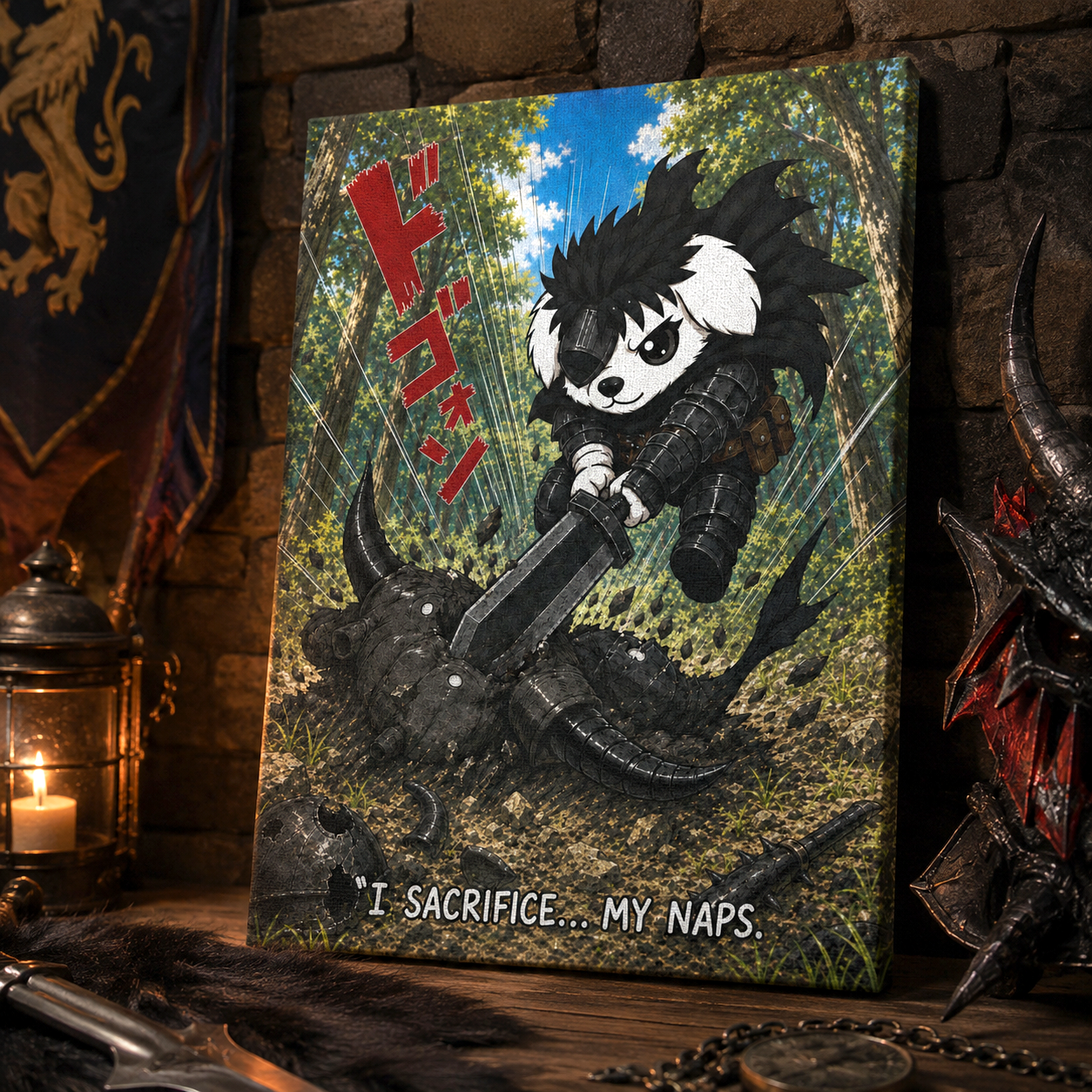 I Sacrifice My Naps Anime Inspired Dog Canvas Print, Fantasy Dog Wall Art, Mutts of Manga Canvas, Dark Hero Pet Decor, 12x16 or 16x20