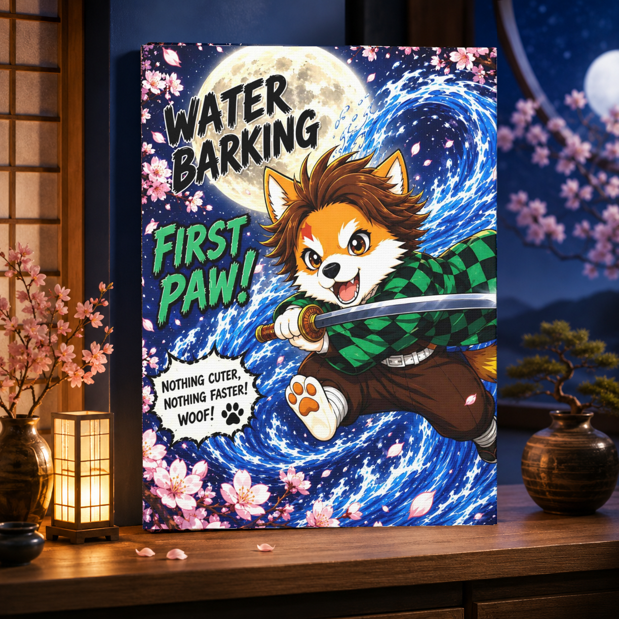 Water Barking First Paw Canvas, Anime Inspired Dog Canvas Print, Mutts of Manga Wall Art, Cute Dog Decor