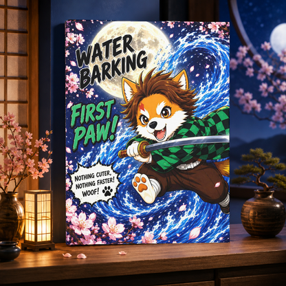 Water Barking First Paw Canvas, Anime Inspired Dog Canvas Print, Mutts of Manga Wall Art, Cute Dog Decor