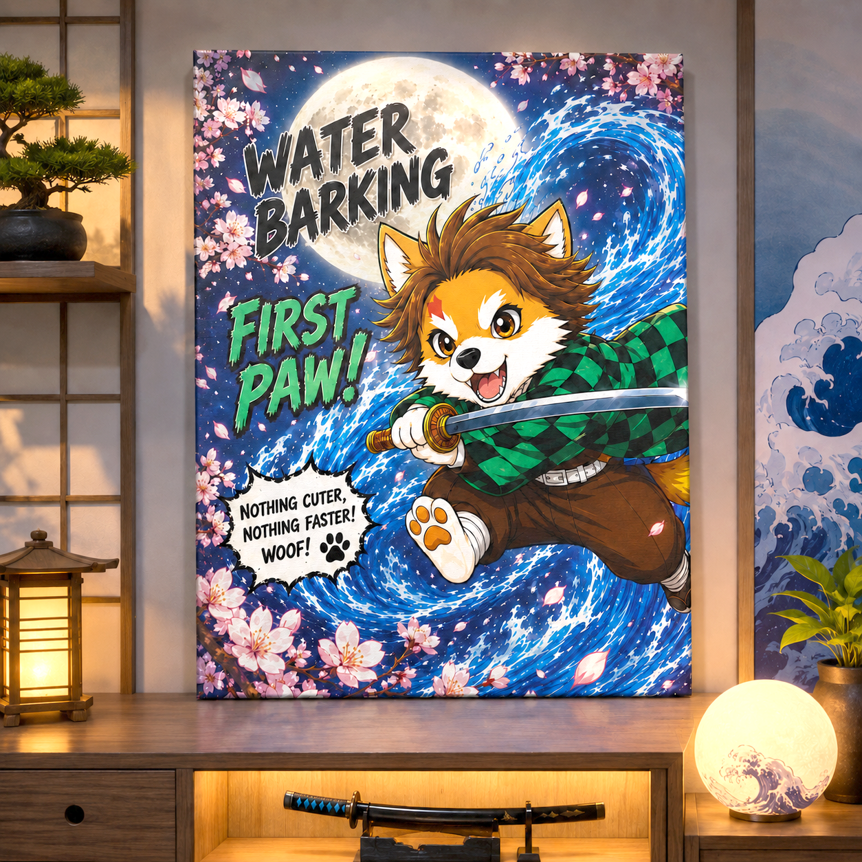 Water Barking First Paw Canvas, Anime Inspired Dog Canvas Print, Mutts of Manga Wall Art, Cute Dog Decor