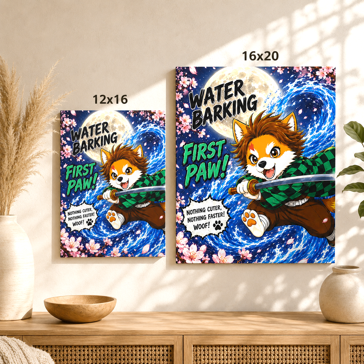 Water Barking First Paw Canvas, Anime Inspired Dog Canvas Print, Mutts of Manga Wall Art, Cute Dog Decor