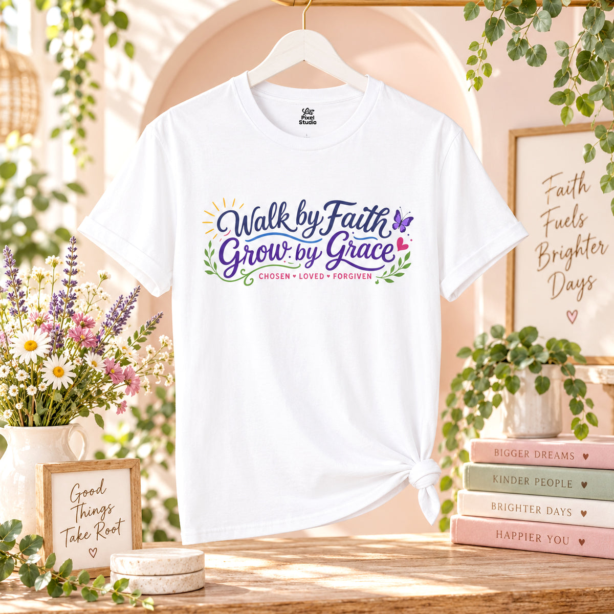 Walk By Faith Grow By Grace Shirt, Christian Inspirational Unisex Tee, Faith Based Shirt, Christian Gift, Grace In Progress Tee